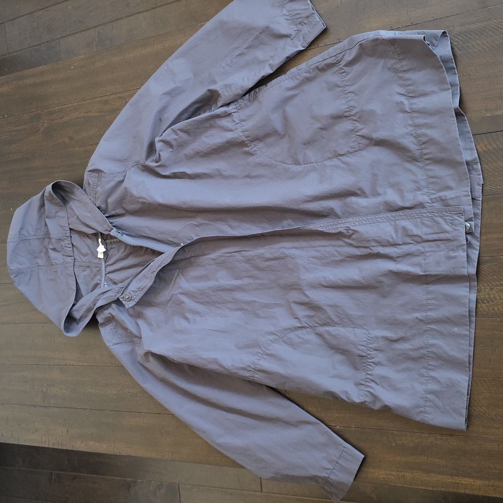 NWOT Eileen Fisher Hooded Raincoat Lightweight Cotton Blend Gray Zipper